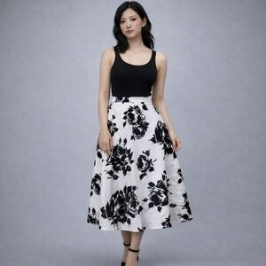 Talbots Petites 8P Black‎ White Floral Linen A-Line Midi Skirt